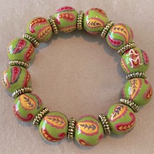 Angela Moore hand painted beaded bracelet - Paisley Green Pink Multi